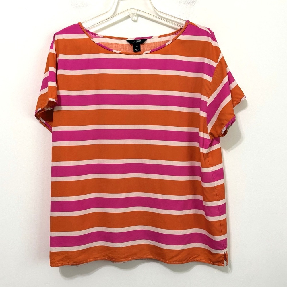 J Crew Silk Top Tee XL‎ Orange Pink Stripe Short Sleeve Popover Summer Spring